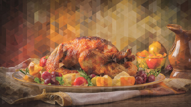 A thanksgiving turkey dinner with sides and a pitcher in a polygonal style image