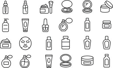 Cosmetic and skincare product icon set featuring makeup tools, bottles, jars, creams, perfumes, beauty masks, lotions, and facial care essentials.