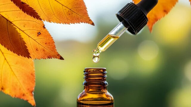 Closeup of essential oil dropper dispensing liquid into a small amber bottle with vibrant yellow and orange autumn leaves in the soft focus background