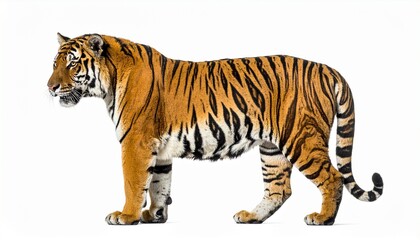 Obraz premium Side profile of Bengal tiger with orange coat, black stripes, white underbelly, and curved tail on white background.