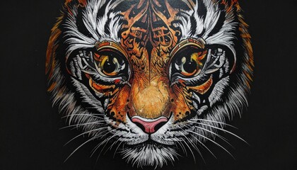 Obraz premium Close-up of tiger’s face with piercing golden eyes, vivid orange-black stripes, and dark background.