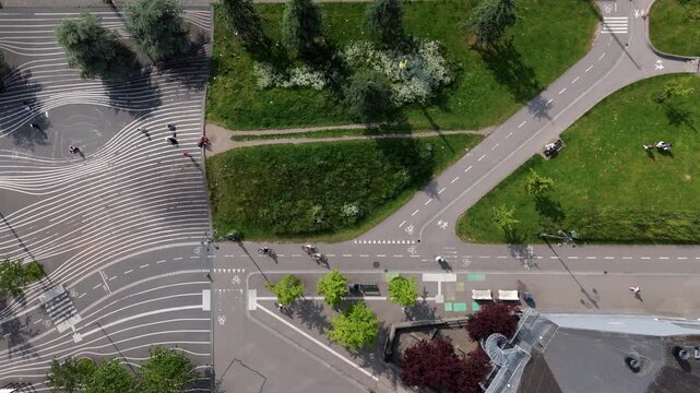 Top down aerial view of Superkilen Park, a public park located in the N&oslash;rrebro district of Copenhagen, Denmark.