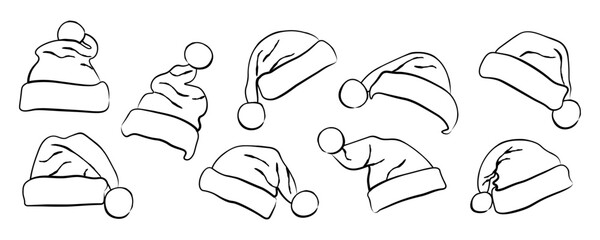 Christmas Santa hat line art for festive design and winter holiday project with cute outline and joyful mood by hand drawn style for kids and adult coloring