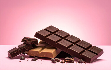 tablettes de chocolat noir et au lait sur fond rose