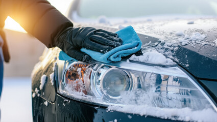 Gloved hand wiping a snow-covered car headlight with a bright blue microfiber cloth, revealing clean glass under scattered frost and soft winter sunlight
