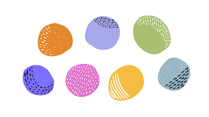 Abstract Colorful Round Shapes with Hatching on White Background, Hand-Drawn Organic Elements, Graphic Design, Transparent Illustration
