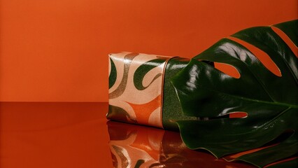 Wrapped gift box in bold orange-green abstract pattern placed beside glossy dark green monstera leaf on vibrant orange reflective surface. Tropical plant meets modern packaging in striking colors.