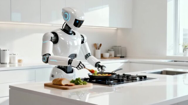 A household robot cooks in a modern kitchen, chopping vegetables and sliding them into a pan with precise automated movement, showing smart home technology, domestic robotics and efficient AI assistan