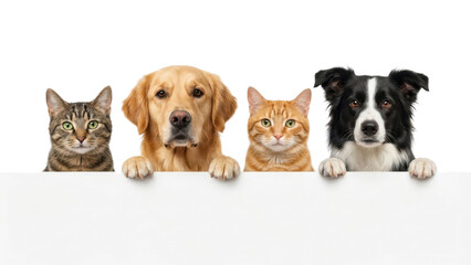 Adorable diverse group of cats and dogs peeking over a blank sign, perfect for pet adoption campaigns or humorous animal content, add your text