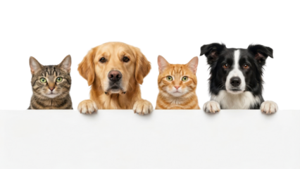 Adorable diverse group of cats and dogs peeking over a blank sign, perfect for pet adoption campaigns or humorous animal content, add your text
