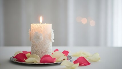 Lit candle on silver plate with scattered rose petals against blurred backdrop