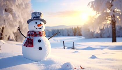 A smiling snowman with top hat and plaid scarf standing in snowy landscape at sunrise with glowing light.
