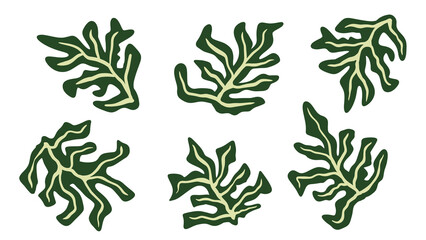 Transparent Vector Illustration: Six Abstract Green Leaf Shapes Isolated on White Background - Botanical, Organic Design Elements