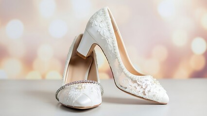 Elegant white wedding shoes adorned with lace and pearls on a soft background