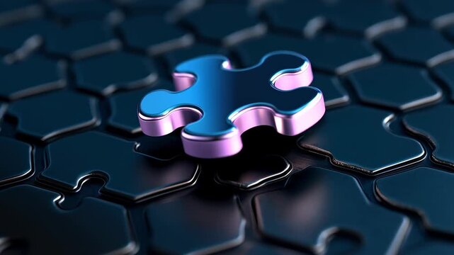 Abstract metallic puzzle piece connection solution in blue and pink, glossy reflective vibe on dark grid, sleek modern design, hopeful problem solving