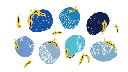 Stylized Blue Strawberries Vector Illustration with Abstract Patterns and Yellow Leaves on White Background - Transparent PNG