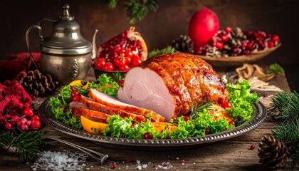 A roasted ham garnished with rosemary and berries on a platter surrounded by holiday decorations on rustic table.