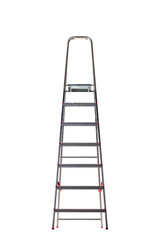 This sturdy metal ladder stands tall against a plain background, featuring six steps with a wide base for stability
