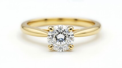 Close up of a gold engagement ring with a large clear diamond on white background
