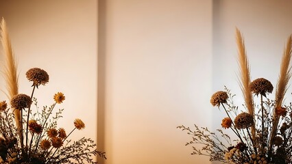 Arrangement of dried flowers and pampas grass against a neutral wall backdrop
