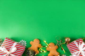 Christmas background with gingerbread man cookies, gifts and baubles, Christmas, New Year preparation, december advent background copy space
