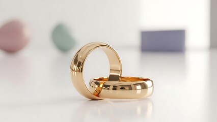 Two gold wedding rings intertwined on a white surface with blurred shapes behind