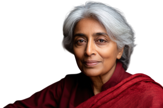 Elderly Indian woman with eyes closed and peaceful expression on light grey background. - Powered by Adobe