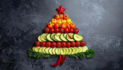 A Christmas tree made of colorful fruits and vegetables on dark textured background with festive lighting.