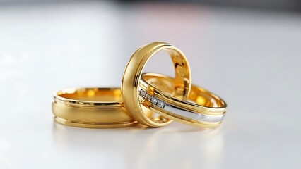 Close up shot of three gold wedding rings on a white reflective surface