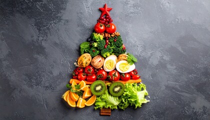 A Christmas tree made of colorful fruits and vegetables on dark textured background with festive lighting.