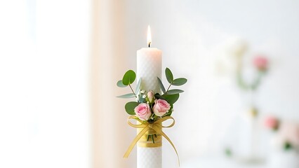 Close up of a white candle decorated with roses and a gold ribbon burning bright