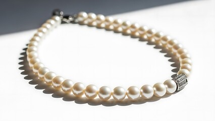 Close up of double strand pearl necklace with decorative clasp on white surface
