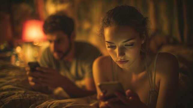 In a dimly lit bedroom, a man and a woman are both focused on their smartphones, illustrating the extent of their engagement with social media. The couple's attention is solely on