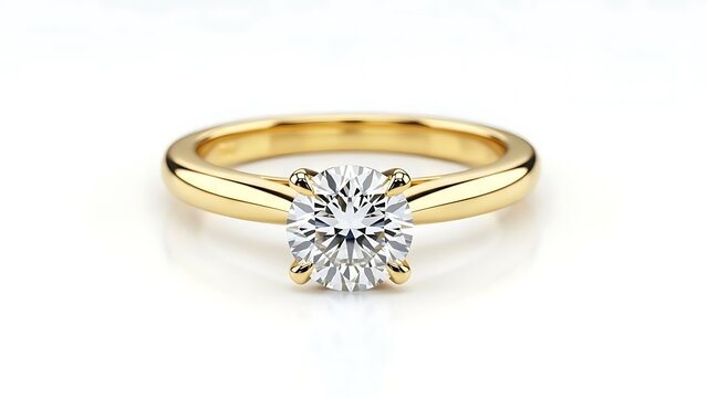 Close up of a gold ring with a large round diamond on a white background view