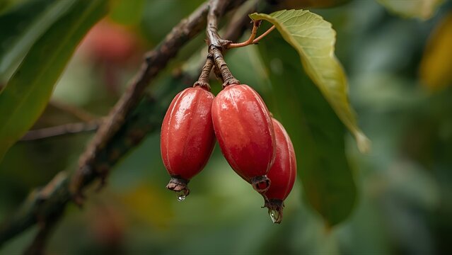 Close-up of ripe red miracle fruit on a branch with green leaves