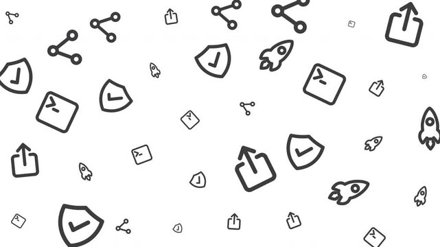 Seamless Digital Communication Icons Pattern Featuring Shields, Rockets, and Share Symbols on White Background