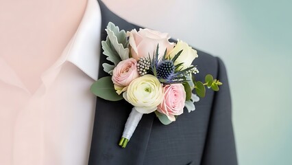 Close up of a floral boutonniere pinned on a dark gray suit jacket lapel groom