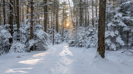 Serene winter forest path  sunlight filtering through snow covered trees in a peaceful landscape
