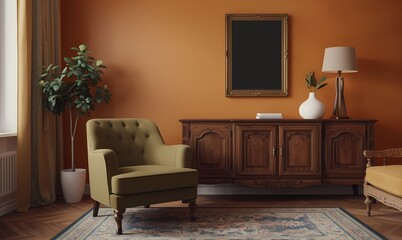 A nostalgically inviting living room, the focal point being a vintage olive armchair