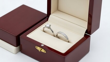 Two rings inside a wooden box with a lid next to it on a white background