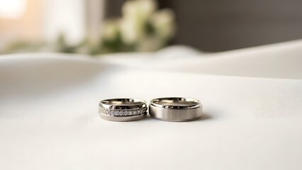 Close up of two wedding rings on a white surface with blurred background view