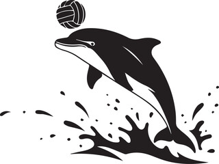 Obraz premium Black silhouette of a dolphin leaping out of the water and balancing a ball on its nose