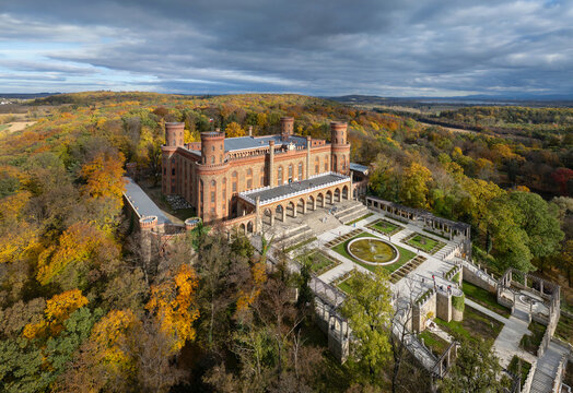 Aerial view of  Palace of Princess Marianne of the Netherlands built in 1872. Kamieniec Zabkowicki, Lower Silesia, Poland