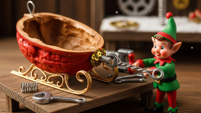 A whimsical christmas elf meticulously repairs a miniature sleigh with tools preparing for santa s holiday journey and gift delivery