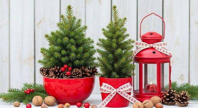 Festive Christmas decor with miniature trees in red pots, a glowing red lantern, pine cones, and walnuts, creating a cozy winter holiday ambiance on a white wooden background
