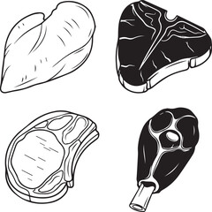 Hand drawn illustration of raw chicken breast and beef steaks
