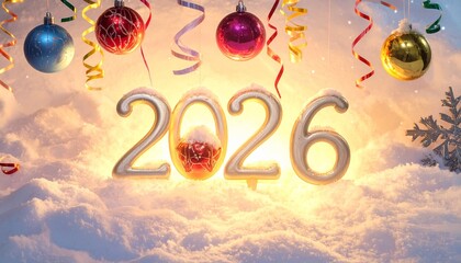 Golden “2026” numbers with ornament zero surrounded by baubles, ribbons, snowflakes, and glowing lights.