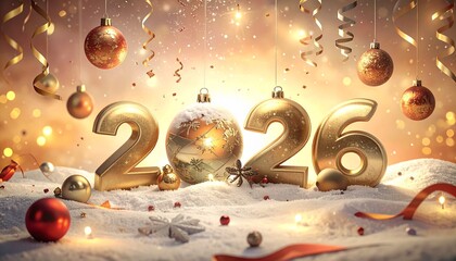 Golden “2026” numbers with ornament zero surrounded by baubles, ribbons, snowflakes, and glowing lights.