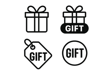 Outline gift icons set featuring a wrapped present box and various tags with the word gift