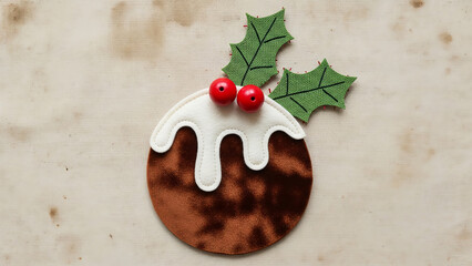 Traditional christmas pudding decorated with white icing red berries and holly leaves on a vintage textured background